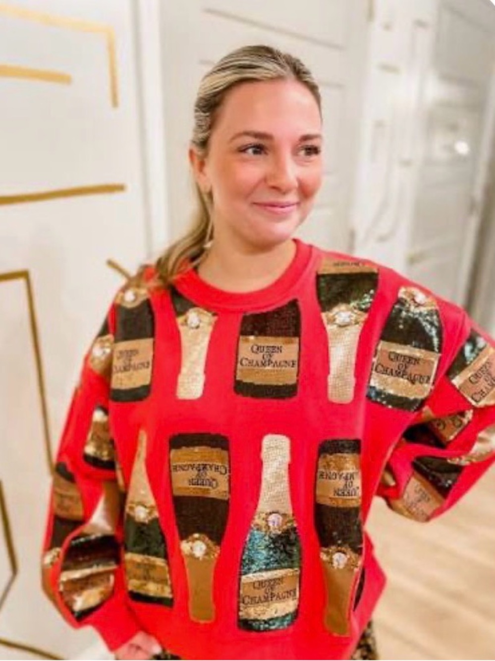 Rare-Queen of Sparkles Red sequin Champagne Bottle Graphic Sweater